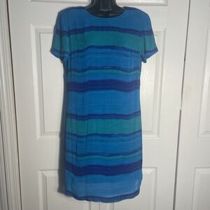 Vintage RJ Collection Dress Women 8 Blue Green Striped Chelsea Rousso 90s Rayon